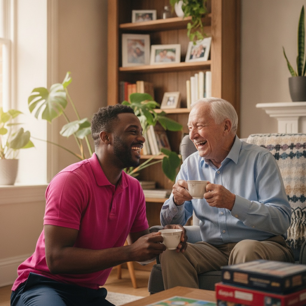 Male Care2Victory carer sharing a cup of tea with an elderly gentleman at home in Sittingbourne