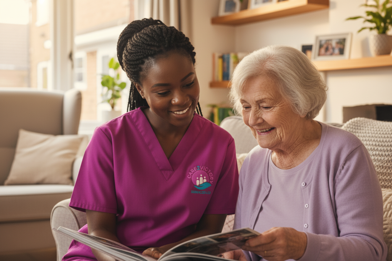 Professional carer in magenta Care2Victory uniform providing compassionate home care to elderly woman in Sittingbourne living room